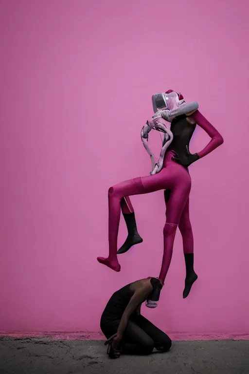 Image similar to a surreal portrait of intertwined and contorted figures wearing gas mask next to a pink wall in the style of brooke didonato, editorial fashion photography from vogue magazine, full shot, nikon d 8 1 0, ƒ / 2. 5, focal length : 8 5. 0 mm, exposure time : 1 / 8 0 0, iso : 2 0 0