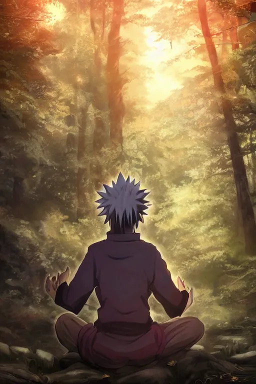 Image similar to photorealistic dark fantasy concept art of Naruto meditating in a forest, dynamic lighting, stunning visuals, realism, cinematic, hyper detailed, ultra detailed, beautiful visuals and sunset