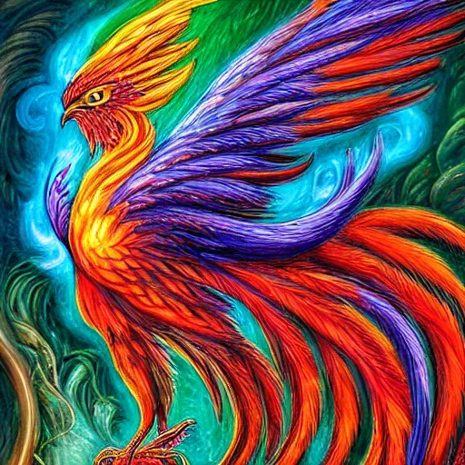 Prompt: beautiful phoenix bird with long tail made of flames, detailed painting in the style of josephine wall 4 k