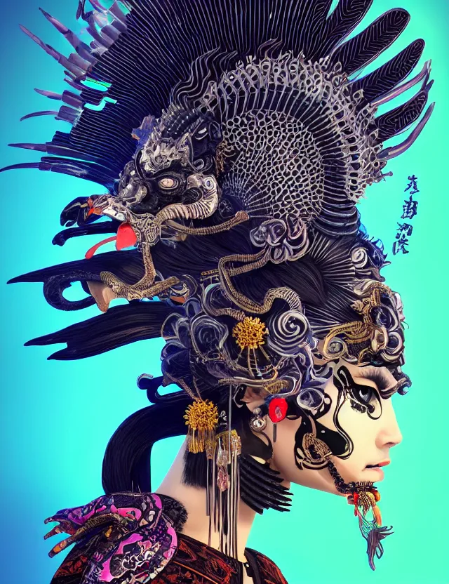 Image similar to 3 d coherent goddess close - up profile portrait punk with mohawk with ram skull. beautiful intricately detailed japanese crow kitsune mask and clasical japanese kimono. betta fish, jellyfish phoenix, bio luminescent, plasma, ice, water, wind, creature, artwork by tooth wu and wlop and beeple and greg rutkowski