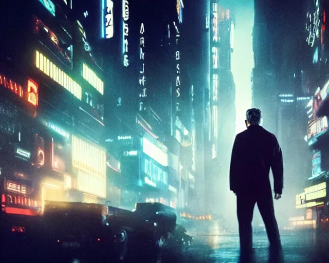 Image similar to 2 0 1 8 blade runner movie still man looking at the cityscape from roof, neon, back of body and head