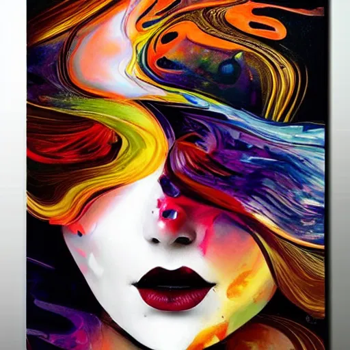 Image similar to abstract art with swirly color liquid acrylic paint and beautiful female face, beautiful color composition, warm colors, black details