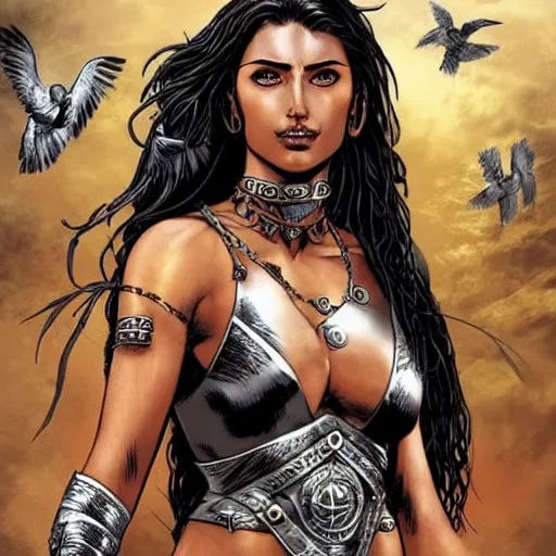 Prompt: greek amazon warrior, a tall beautiful woman with bronzed skin and long raven hair, dressed in leather and hellenistic armour, intricate, elegant, highly detailed, smooth, sharp focus, detailed face, high contrast, graphic novel, art by pepe larraz,