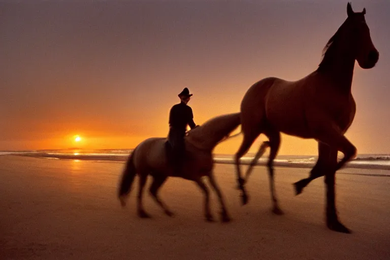 Prompt: A clockwork horse riding wild along the beach at sunset, 35mm, kodachrome, 4K UHD image