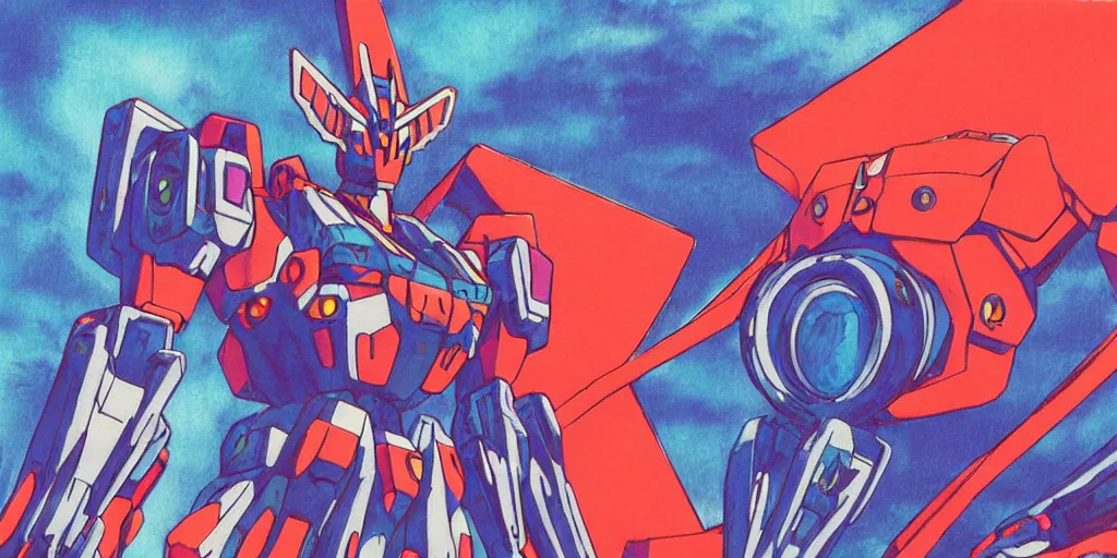 Image similar to risograph grainy painting of gigantic huge evangelion - like gundam mech face, with huge earrings and rings around head with a lot of details, covered with rich jewelry, blue hour, twilight, by moebius and dirk dzimirsky and satisho kon, close - up wide portrait