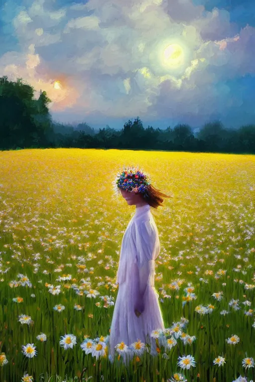 Image similar to white daisy flowers as head veil, girl walking in a flower field, surreal photography, sunrise, dramatic light, impressionist painting, colorful clouds, digital painting, artstation, simon stalenhag