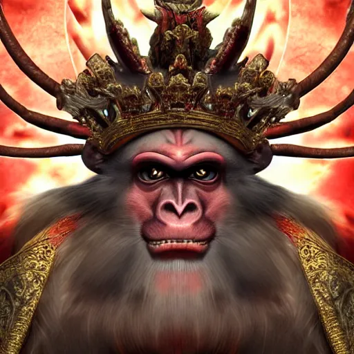 Image similar to monkey king godly lord of monkeys, wearing a crown, holding a staff, sitting in throne, dark lighting, dim lightning, red eyes, gothic dark style 8 k render high detail