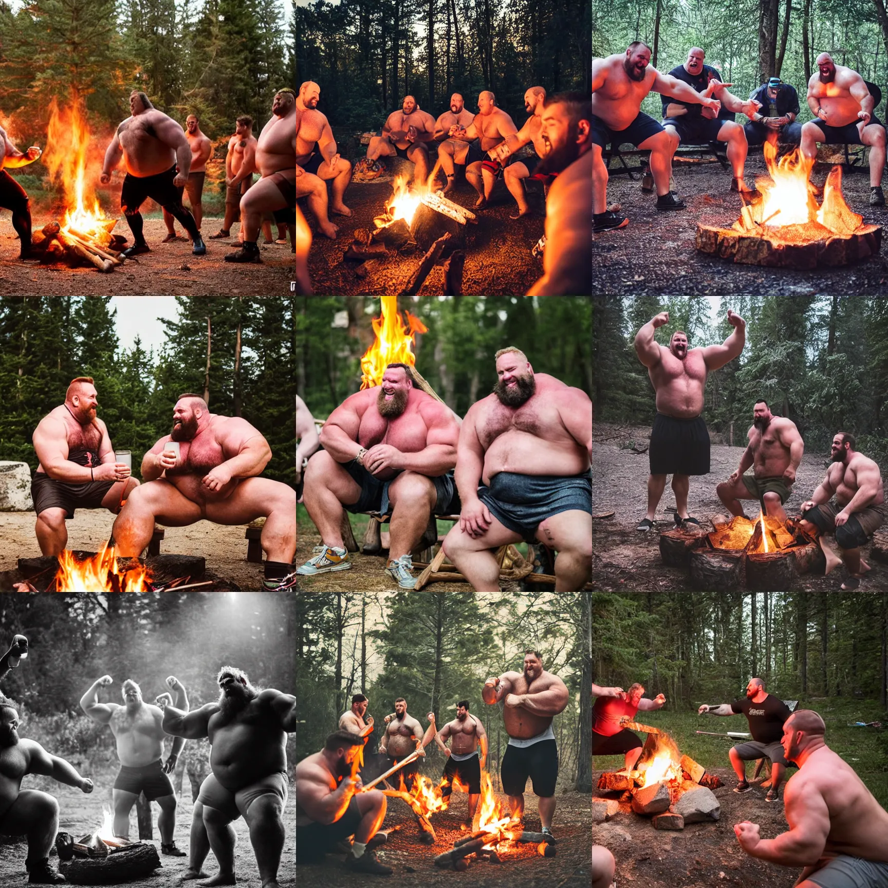 Prompt: big beefy burly strongmen having fun around a campfire and drinking beer from pints together, dad energy, wholesome, brotherhood, photography, high resolution, very detailed, clear, smooth, manly, epic, tumblr