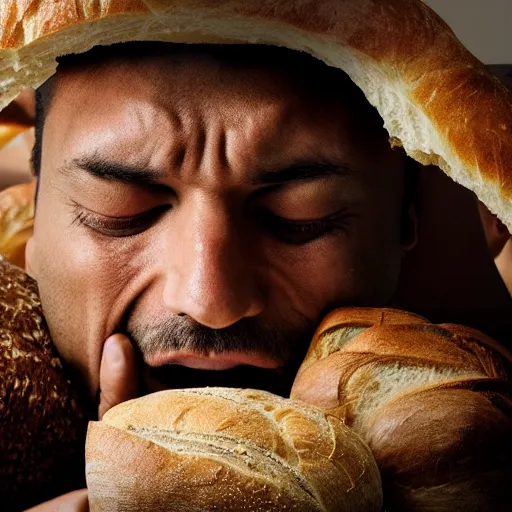 Prompt: man crying in a room full of bread, 4 k