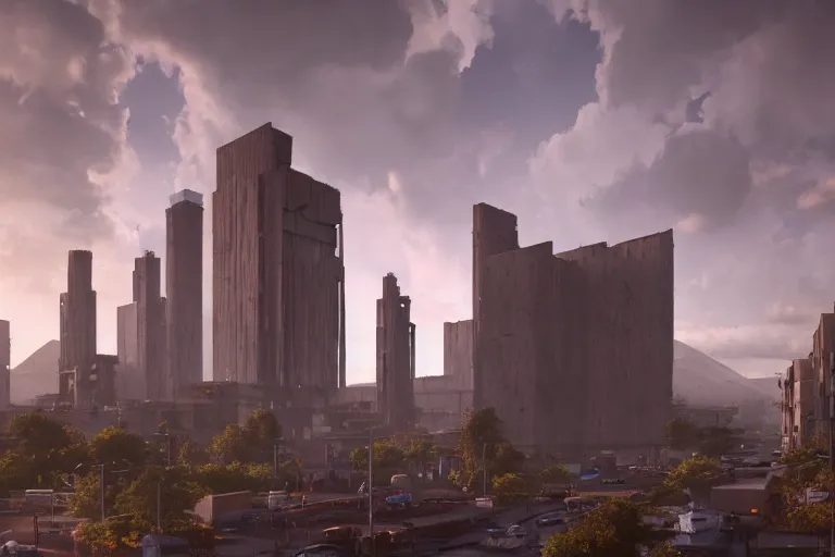 Image similar to streetscape, a towering cathedral of brutalist architecture, buildings covered with greebles, stunning volumetric light, sunset, metal, concrete and translucent material, stunning skies, majestic landscape, trending on Artstation, 8k, photorealistic, hyper detailed, unreal engine 5, IMAX quality, cinematic, epic lighting, in the style of Greg Rutkowski