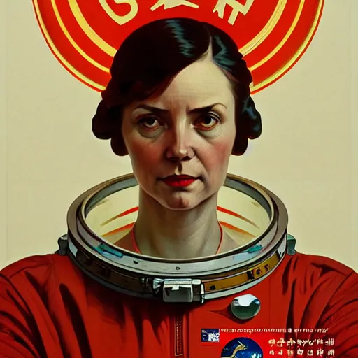 Image similar to socialist realism propaganda poster portrait of and astronaut woman, socialist realism, highly detailed, intricate, digital painting, artstation, sharp focus, illustration, art by jakub rozalski, greg rutkowski, artgerm, tan zi and ayanamikodon and alphonse mucha and wlop