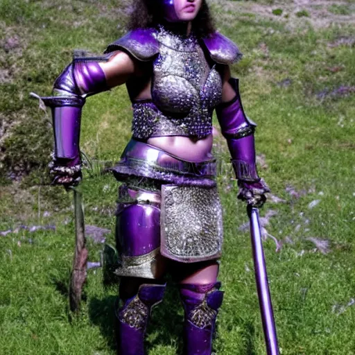 Prompt: full body photo of a beautiful female warrior with amethyst encrusted armour