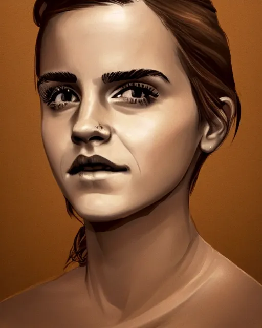 Image similar to detailed illustration of a emma watson bust, soft brushstrokes, subsurface scattering, warm lighting