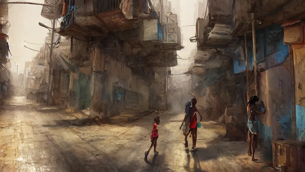 Prompt: alley in a big african city, a lonely kid, summer, david febland, artstation, matte painting