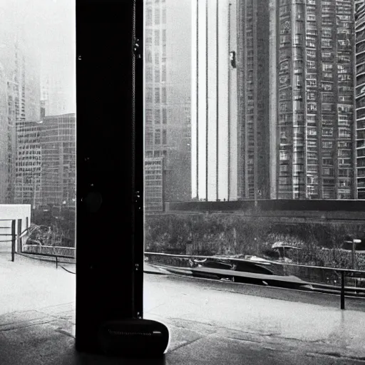 Image similar to 60s movie still of a cyberpunk city made of speakers by Irving Penn, Cinestill 800t 35mm black and white, heavy grainy picture, very detailed, high quality, 4k, HD criterion, dramatic lightning, precise texture, gettyimages