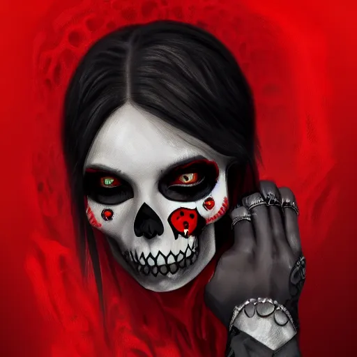 Prompt: Goth woman. holding a red and black skull with diamond shaped eyes. with the top cut off in one hand up to her face like hamlet. kodachrome, high contrast, highly detailed, sharp focus, digital painting, concept art, illustration, trending on artstation,