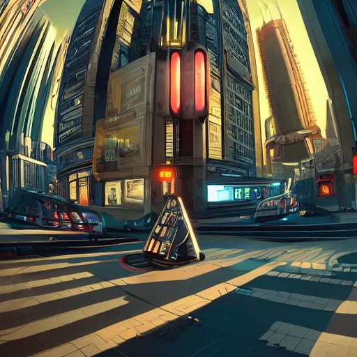 Prompt: 3 5 th century!!!!! futuristic!!!!! town street, cinematic photography, futurism, fisheye!!!!! lens, ( ( ( ( ( worm's - eye view ) ) ) ) ), illustrated by max hay, artstation, cgsociety contest winner, dramatic lighting, vignette