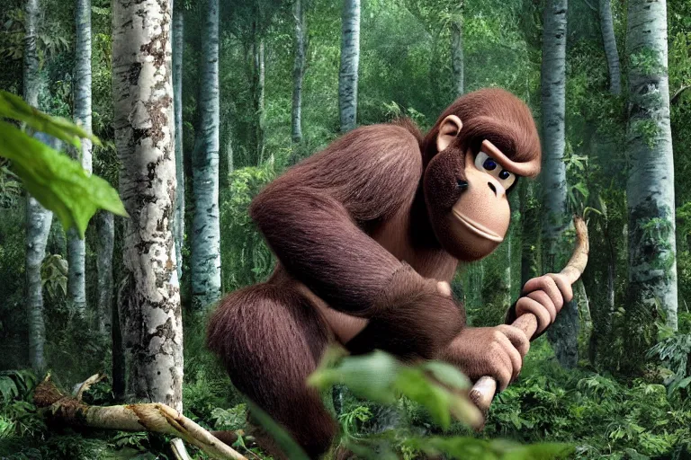 Image similar to close up of donkey kong in a forest knocking down trees, a white birch tree that has fallen over, donkey kong from nintendo 6 4