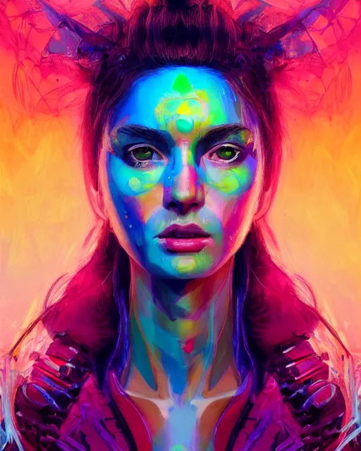 Prompt: colorful character portrait of a female hippie, set in the future 2 1 5 0 | highly detailed face | very intricate | symmetrical | professional model | cinematic lighting | award - winning | painted by mandy jurgens | pan futurism, dystopian, bold colors, cyberpunk, groovy vibe, anime aesthestic | featured on artstation