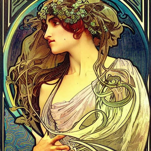 Image similar to echo, greek mythology, painted by alphonse mucha