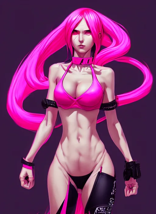 Image similar to lilith, wide angle view, neon pink and black color scheme, highly detailed, artgerm, cushart krenz, king of fighters style, trending on artstation, soft light, sharp edges, illustration, character design, concept art