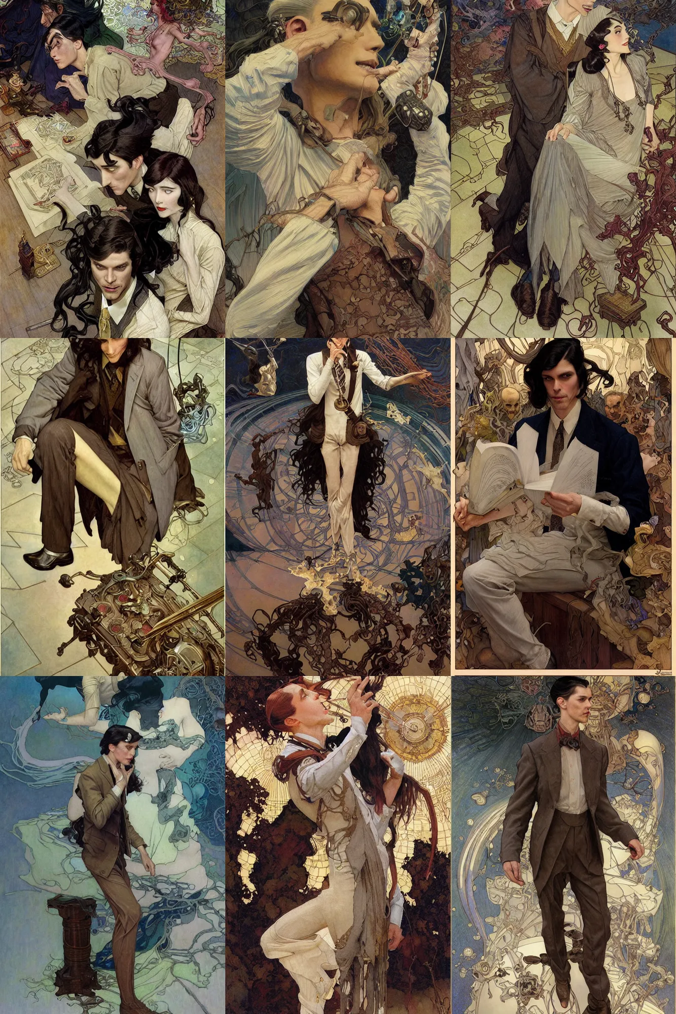 Prompt: thin male teacher, long dark hair, silver, 1 9 2 0 s fashion, fantasy, art by joseph leyendecker, donato giancola, dean cornwell, peter mohrbacher, ruan jia, marc simonetti, ayami kojima, cedric peyravernay, alphonse mucha, thomas kinkade, victo ngai