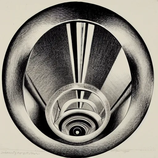 Prompt: self portrait of an AI staring into a metal sphere mirror by MC Escher, lithograph