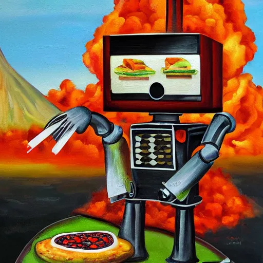 Prompt: robot cooking pizza in front of a volcano, oil painting, dark