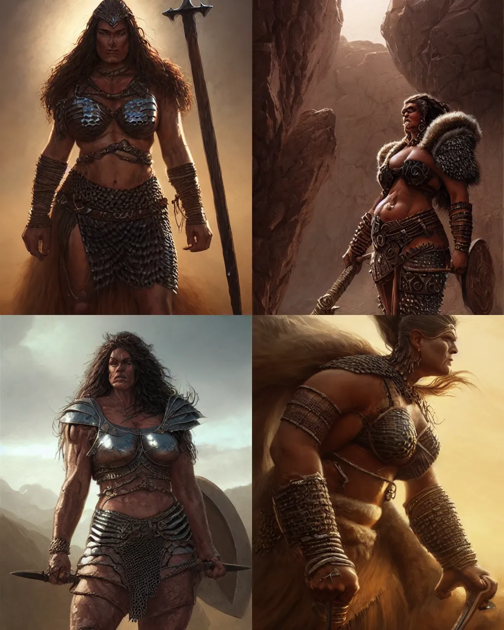 Prompt: a large barbarian woman wearing scale mail, heavy looking, powerful, imposing presence, by greg rutkowski and larry elmore, highly detailed, hyperrealistic, dark skin, desert lands, sharp focus, soft lighting, centered, volumetric lighting, reflections