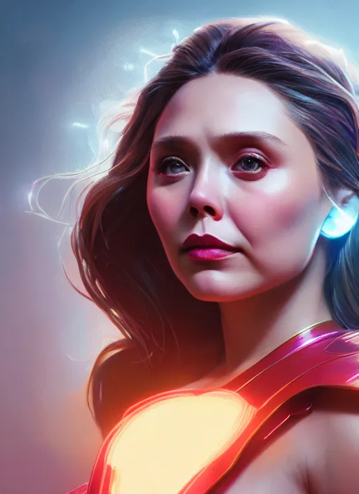 Image similar to portrait of modern darna, elizabeth olsen, intricate, elegant, glowing lights, highly detailed, digital painting, artstation, glamor pose, concept art, smooth, sharp focus, illustration, art by wlop, mars ravelo and greg rutkowski