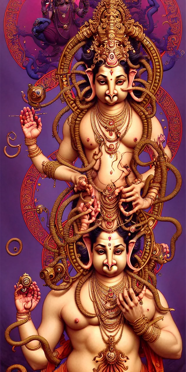 Image similar to beautiful hindu god vinayak ganapati ganesh art nouveau fantasy character portrait, ultra realistic, intricate details, the fifth element artifacts, highly detailed by peter mohrbacher, hajime sorayama, wayne barlowe, boris vallejo, aaron horkey, gaston bussiere, craig mullins alphonse mucha, arty nouveau curves and spirals,