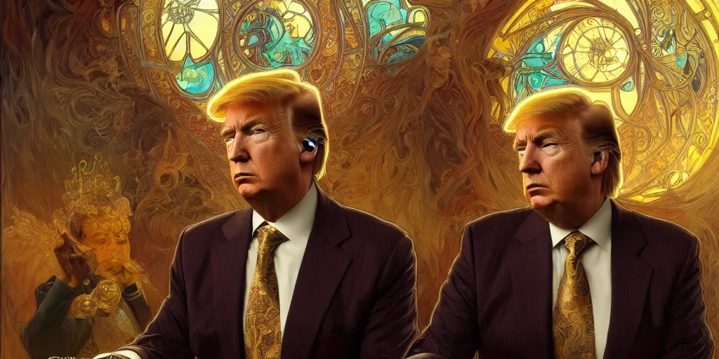 Prompt: saul goodman defending donald trump in courtroom, mature, handsome, fantasy, intricate, elegant, highly detailed, digital painting, artstation, concept art, sharp focus, illustration, illumination, holy ethereal light, art by gaston bussiere and alphonse mucha