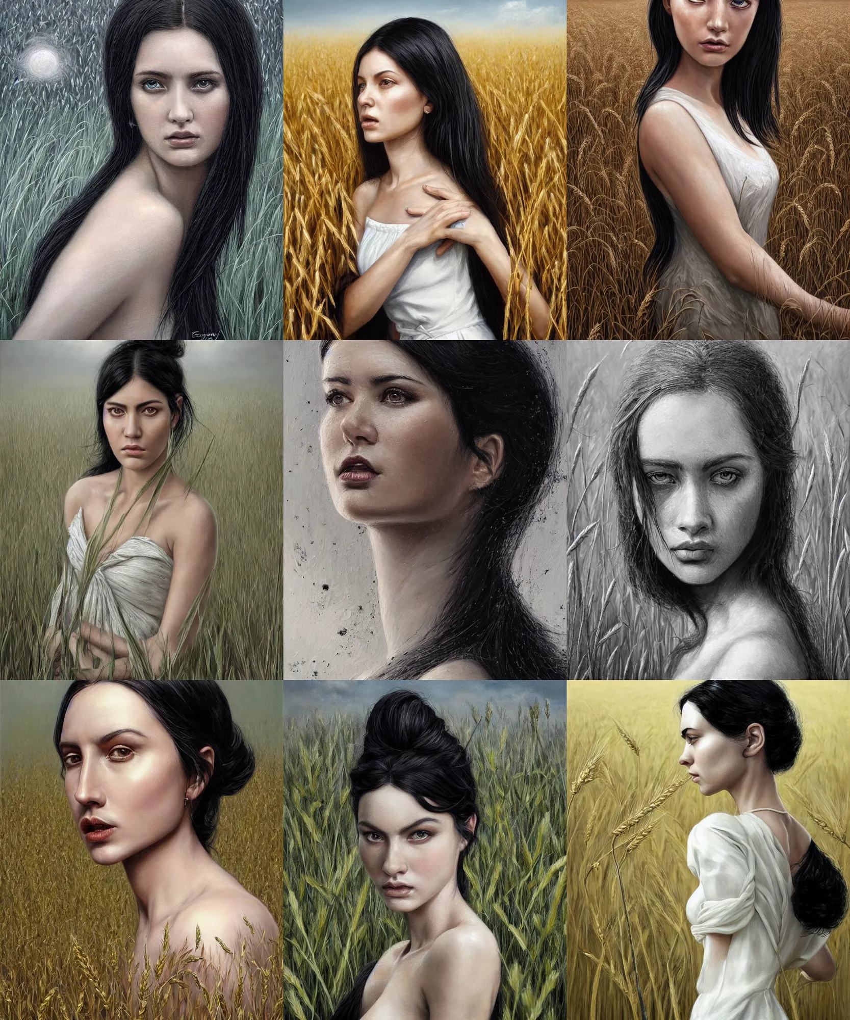 Prompt: Hyper realistic detailed painting of a Paludnitsa! (in a lush wheat crop). Perfect face, black hair, beautiful!, white dress, menacing!, melancholic!!, dreamlike, highly detailed, sharp focus, digital painting, art by Eddie Mendoza, detailed and intricate environment, highly detailed, award winning art.