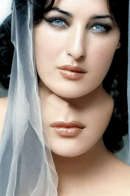 Image similar to young arab Monica Bellucci, blue eyes, long wavy black hair, white veil, closeup, focus, colored