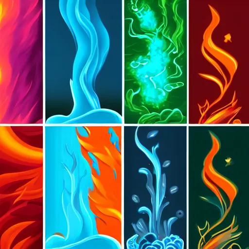 Prompt: the elements of fire, water, earth and air, digital art