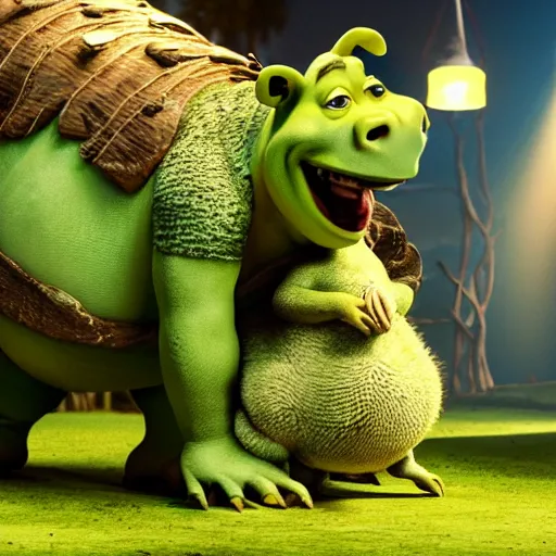 Image similar to Movie still of Kanye West riding an aligator in the movie Shrek, splash art, movie still, cinematic lighting, dramatic, octane render, long lens, shallow depth of field, bokeh, anamorphic lens flare, 8k, hyper detailed, 35mm film grain