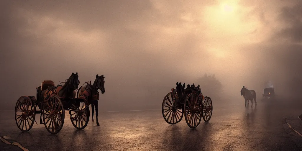 Image similar to Horse and carriage, August 9th 1875, fog, rain, volumetric lighting, beautiful, golden hour, sharp focus, highly detailed, cgsociety