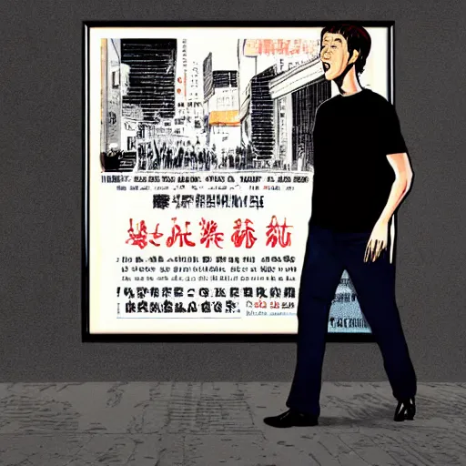 Image similar to glossy old advertising poster, mark zuckerberg walking through crowded hong kong street, vendors, drawn comic by junji ito, pastels, gradient