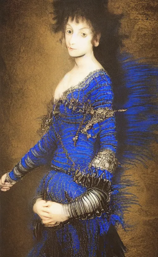 Prompt: Gothic princess in dark and blue dragon armor. By Rembrandt painting (1667), fractal flame, highly detailded