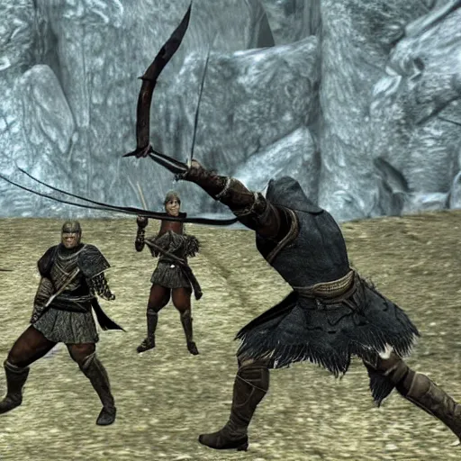 Prompt: a skyrim guard getting shot by an arrow in the knee