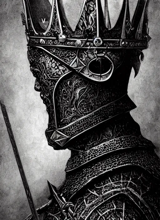 Image similar to portrait of king arthur knight with a crown with engravings, studio portrait against a black background, modern fine art, fractal, intricate, elegant, highly detailed, digital photography, subsurface scattering, in the style of ghost, by jheronimus bosch and yue minjun and giger and greg rutkowski,