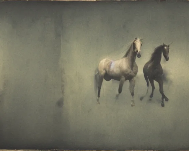 Prompt: a blurry photo of two horses in a field, a cave painting by Richter, deviantart, figurative art, multiple exposure, calotype, genderless