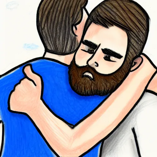 Prompt: a crude drawing of a crying man hugging gigachad, crude crayon scribbles