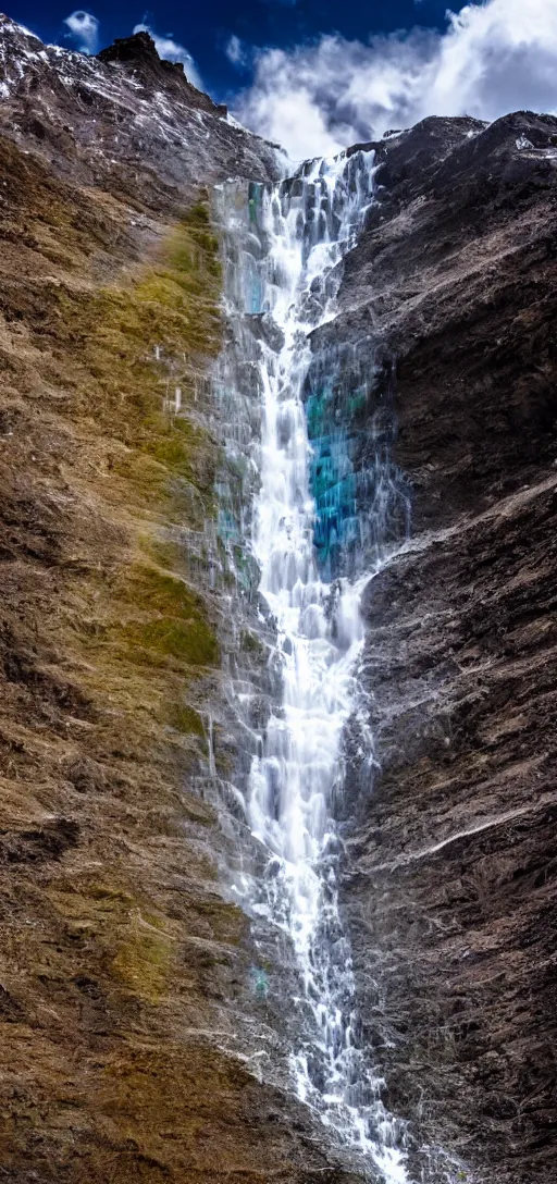 Prompt: a dslr hd picture of rainbow colored very tall waterfall flowing from ice mountains, highly detailed