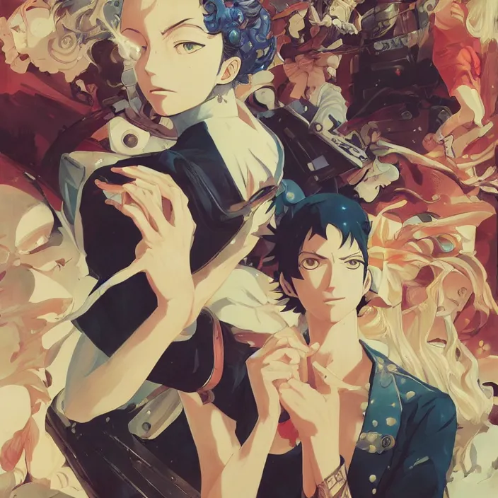 Image similar to anime portrait one piece, futuristic science fiction, mucha, hard shadows and strong rim light, art by jc leyendecker and atey ghailan and sachin teng