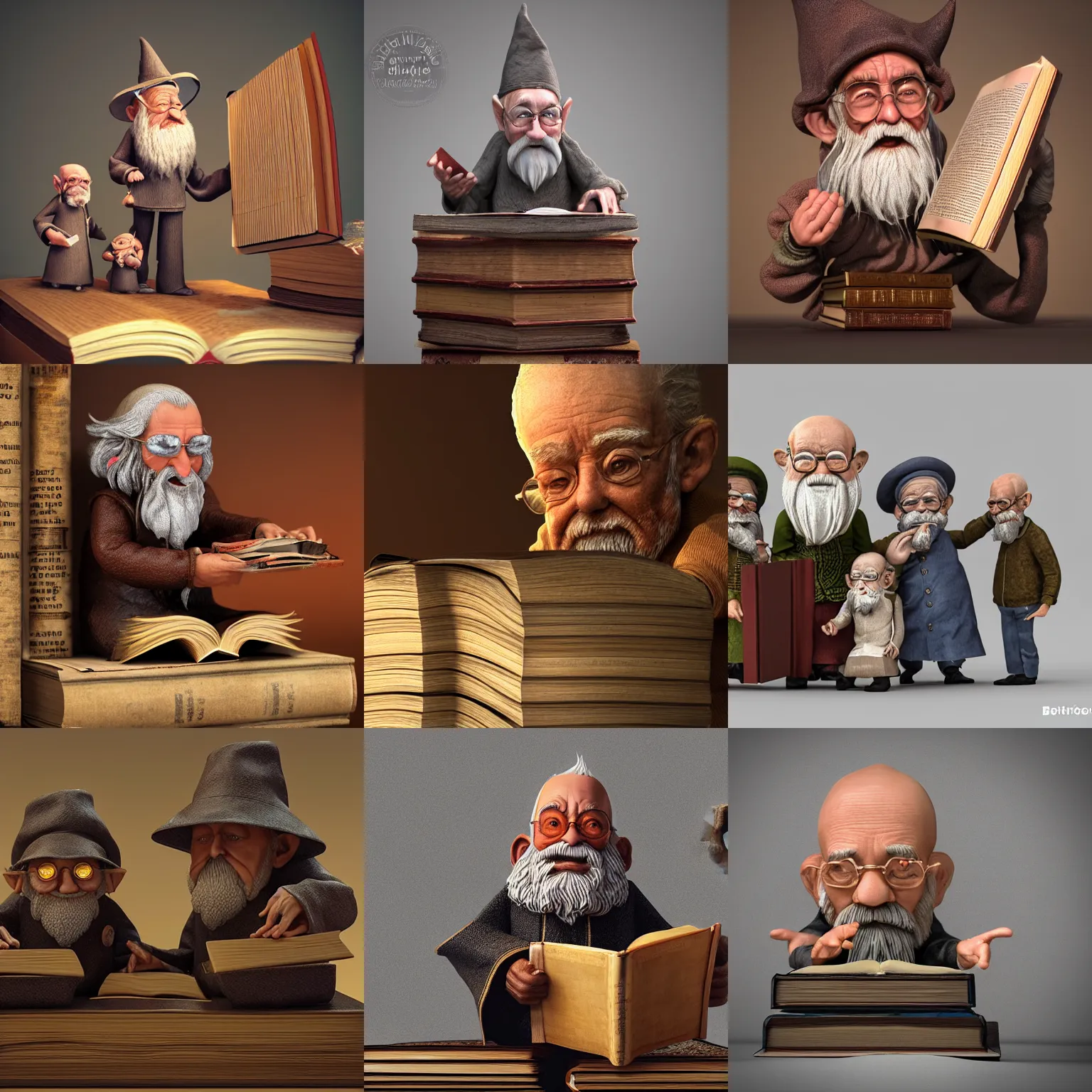 Prompt: a realistic diminutive old wizard figurines gathering around a giant book, realistic, 3 d render, behance, octane render, glossy, reflecting,