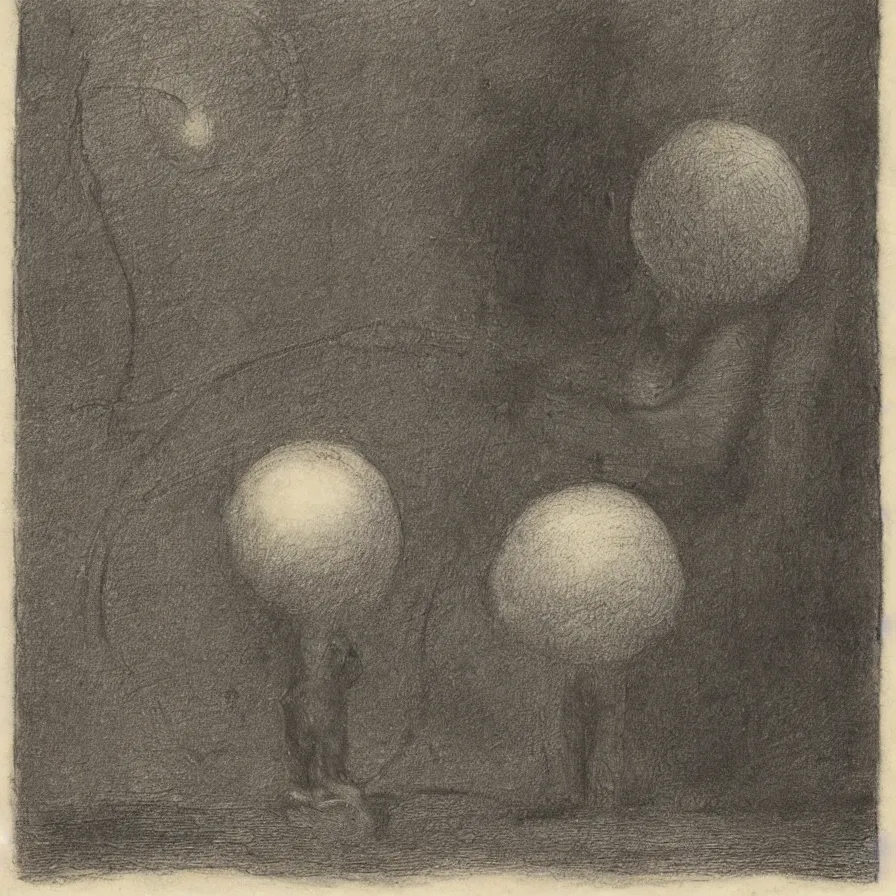 Image similar to artwork about a sad sphere - headed character, by alfred kubin. atmospheric ambiance. depth of field and tridimensional perspective. foggy.