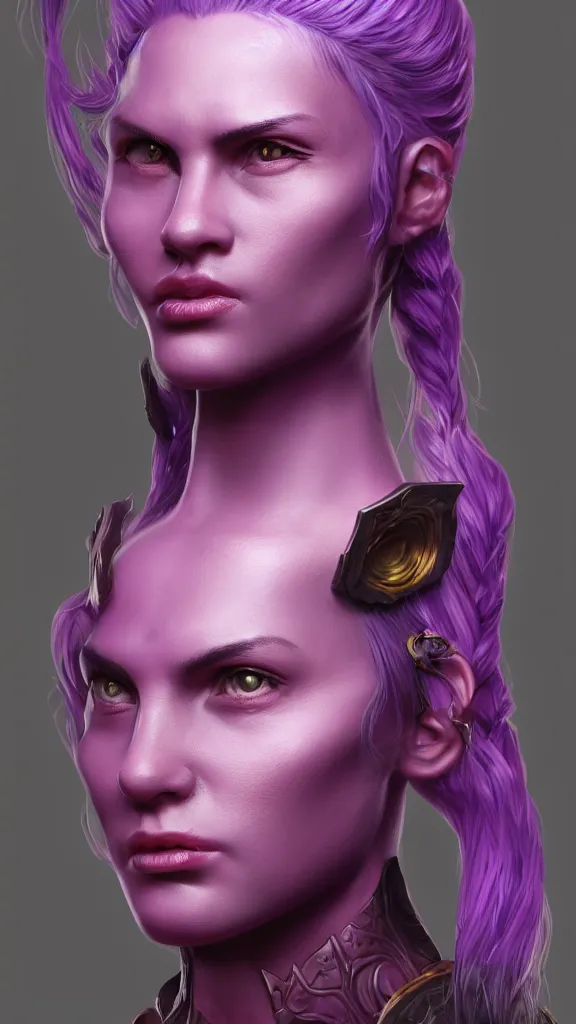 Prompt: a 3 d render of a fantasy portrait of a character, purple - tinted with a hint of yellow, wide - angle, high contrast, highly detailed, sharp focus, digital painting, 3 d art, illustration, trending on artstation,