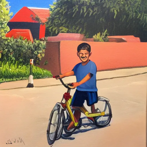 Prompt: a painting of a boy riding a bicycle in falaiscoglieklippantilado