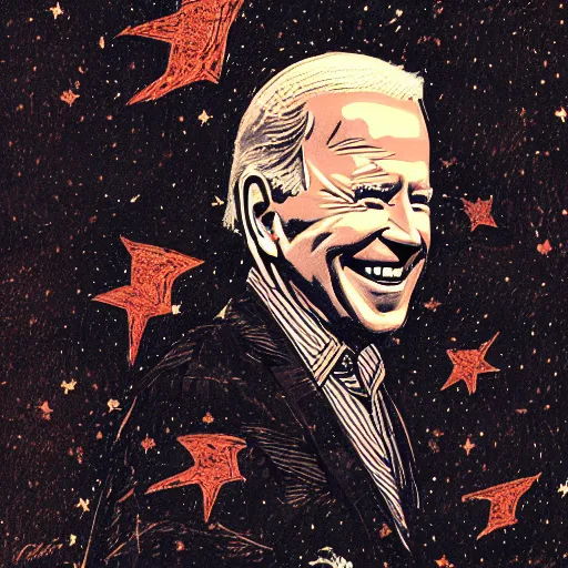 Image similar to Woodcut portrait of joe biden falling into the stars by greg rutkowski, 4k, intricate details